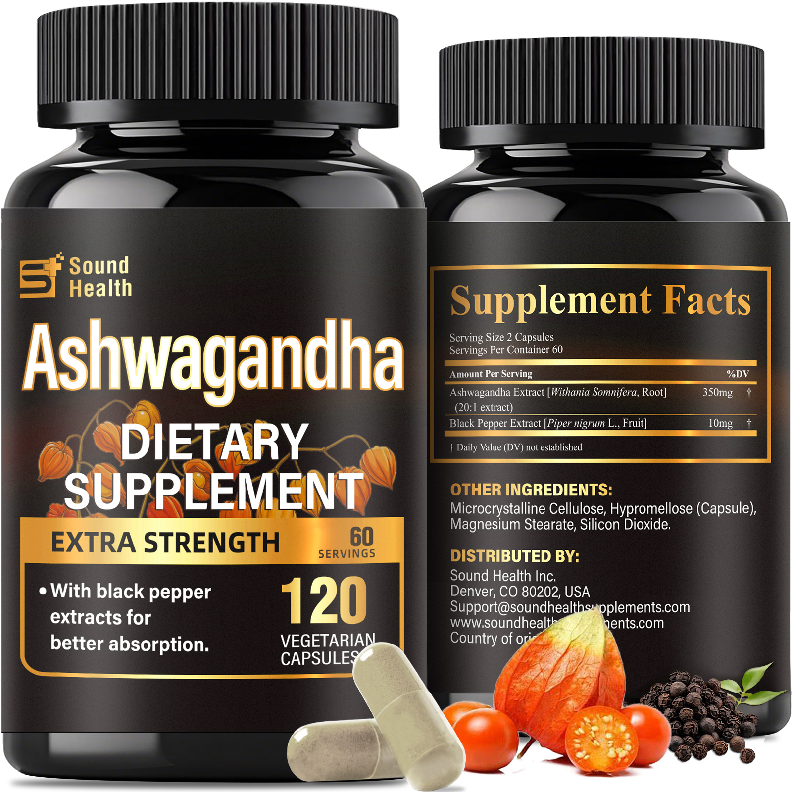 SoundHealth Organic Ashwagandha Capsules Supplement - 7000mg Herb Powder Equivalent per Immune Support, Hormone Balance - Enhanced Nutrient Absorption - 120 Capsules (60 Servings)