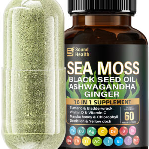 Irish Sea Moss Capsules, 8000mg Sea Moss Blended with 4000mg Black Seed, Synergized with 2000mg Ashwagandha, Turmeric, Burdock, and Supplemented with Vitamin C and Vitamin D3, 60 Capsules