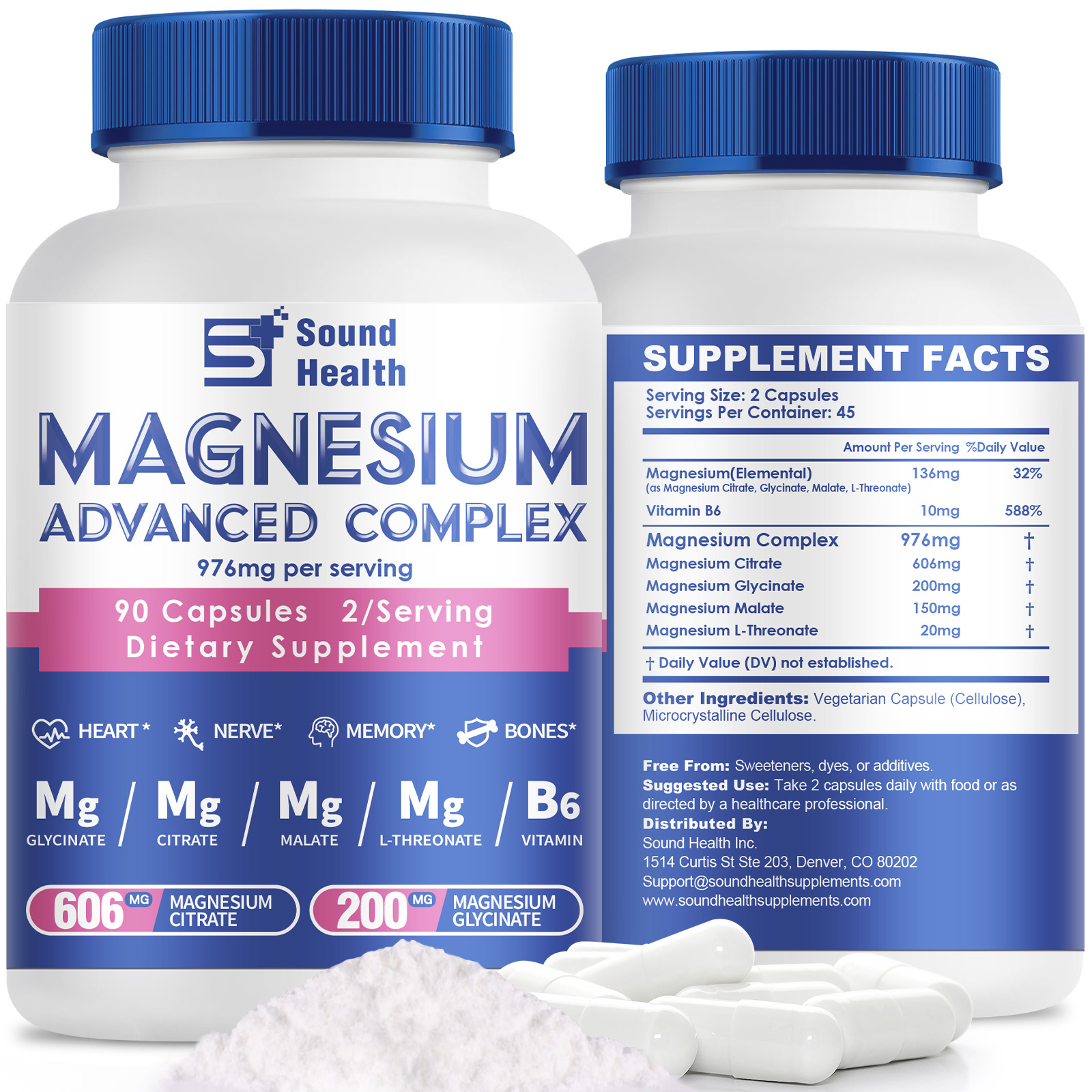 Magnesium Complex | 976mg of Magnesium Citrate, Glycinate, Malate & L-Threonate of Sleep， Muscle， Cognitive Function & Heart Support | Easy Swallow